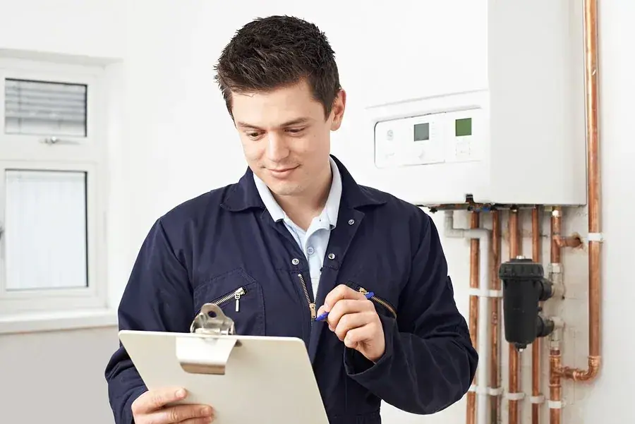 Installateur dokumentiert den Zustand einer Wandtherme